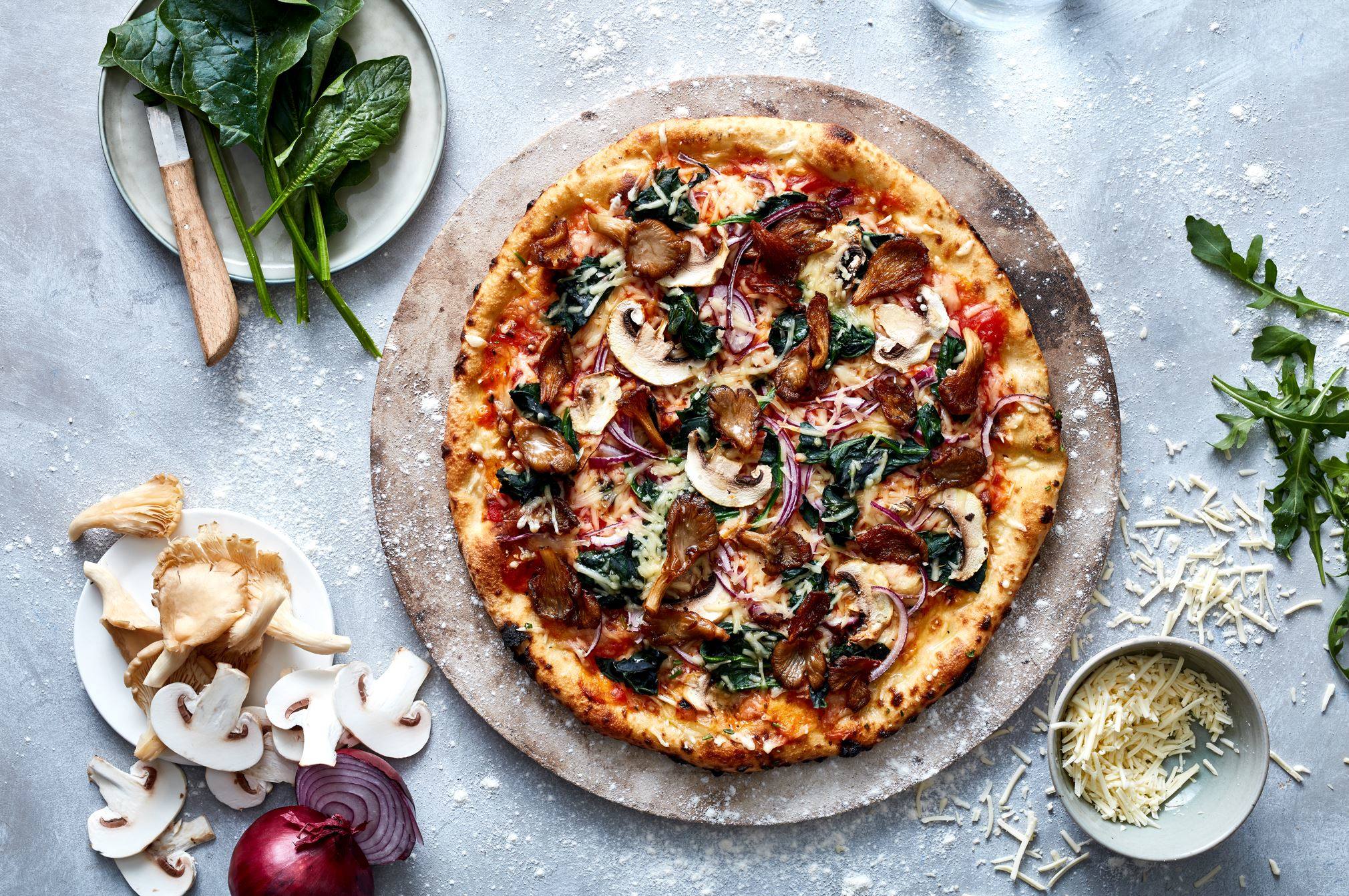 recipe image Pizza funghi y espinacas